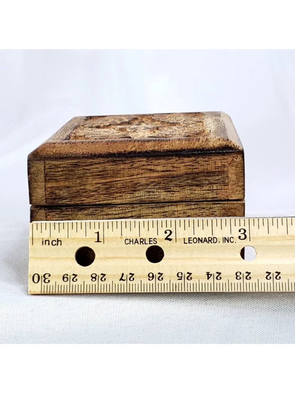 Vintage Hand Carved Wood Floral Hinge Lid Trinket Box Made In India 3 X 4 Inch